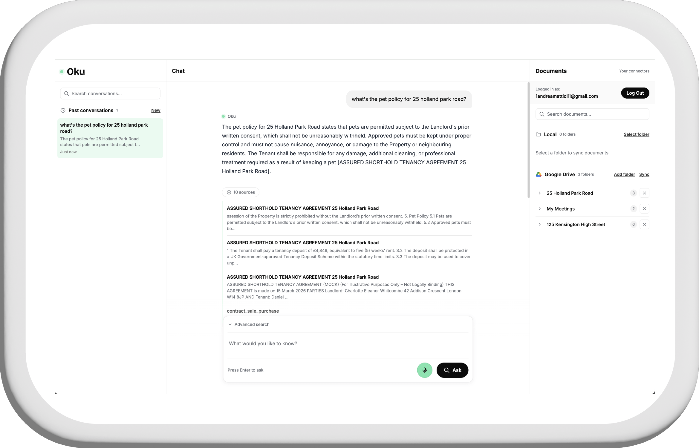 Oku app showing answers with source references
